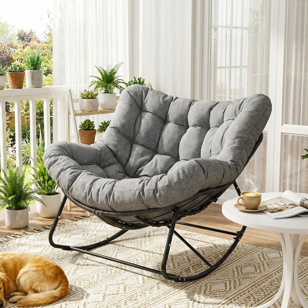 Lark Manor Rattan Rocking Chair – Rattan + Cushion Grey 110cm H X 103cm W X 72cm D