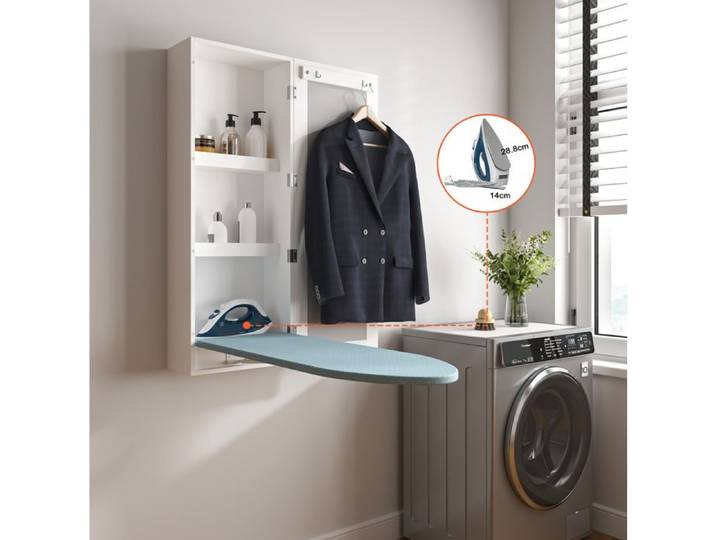 MEUBLIV Armoire à repasser murale avec miroir rangement intégré 2 étagères MDF blanc