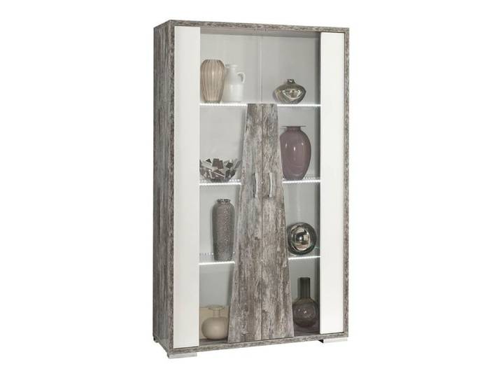 DENYS - Vitrine 2 Portes Laqué Blanc et Effet Bois Taupe