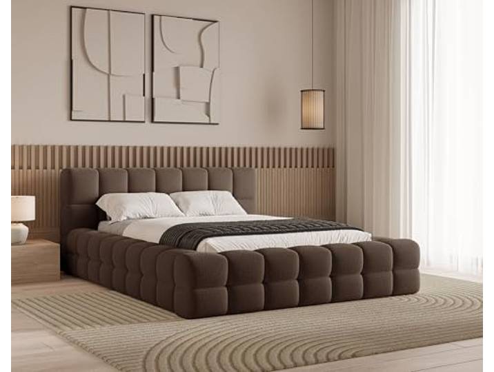 Chilly. Möbel Design Bett Verona - Polsterbett 200x200 mit Bettkasten, Lattenrost und Kopfteil - Eleganter Bouclé-Stoffbezug Braun