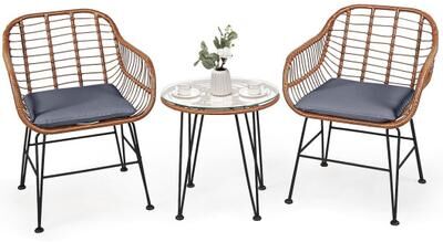 Costway 3 Pieces Patio Rattan Bistro Set with Cushion-Gray
