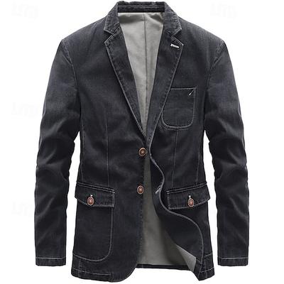 Herren Blazer Jeansjacke Urlaub Lässig Alltagskleidung Mode Lässig Frühling Herbst Baumwolle Polyester Jeansstoff Tasche Knöpfe Bequem Einreihig Blazer Schwarz Grau