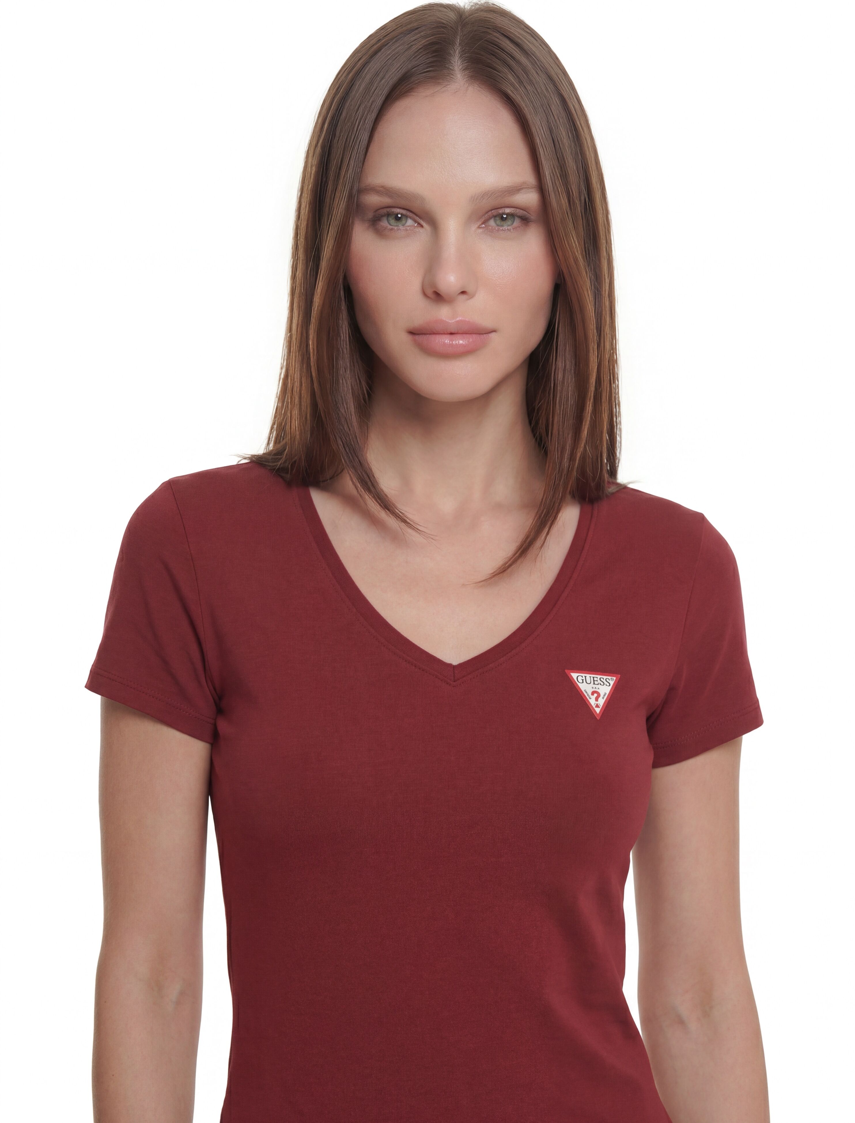 T-Shirt GUESS "SS VN MINI TRIANGLE TEE", Damen, Gr. S, rot (vineyard rot), Single Jersey, Obermaterial: 95% Baumwolle, 5% Elasthan, unifarben, slim fit hüftlang, V-Ausschnitt, abgesteppte Kante, Shirts T-Shirt, mit V-Ausschnitt, Slim Fit vineyard rot S