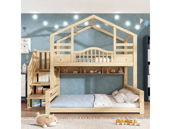 Lit superposé enfant - LEMONBEST - Cabane - 90x200/140x200 - Escalier rangement - Bois massif naturel