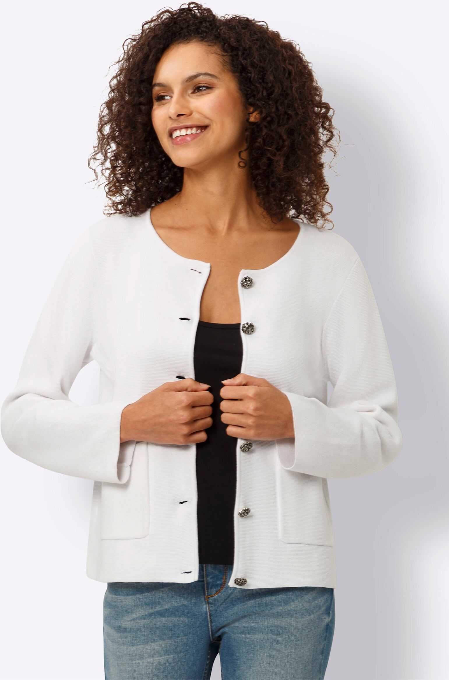Strickjacke HEINE "Strickjacke Feinstrickjacke mit Taschen", Damen, Gr. 42, weiß, Modisch, Rundhals, Strickjacken Strickjacke