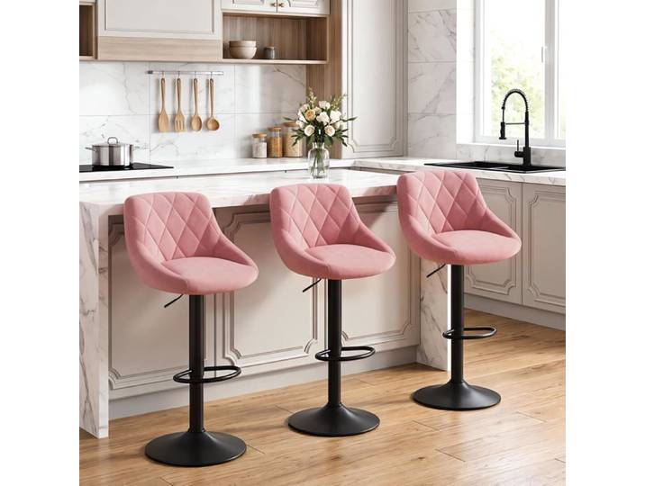 Tabouret de bar en velours rose - WOLTU - Lot de 3 - Hauteur réglable - Siège pivotant à 360° - Avec dossier