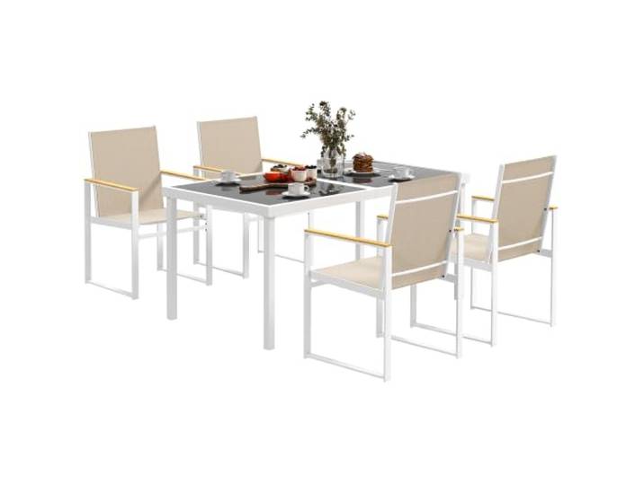 Outsunny Sitzgruppe 5 TLG. für 4 Personen mit Stahlgestell Mehrfarbig Esszimmergruppe, Küchentisch-Set, Abnehmbar, Esstisch, 4 Stühle, Gartenmöbel Essgruppe, Balkonmöbel für Balkon Terrasse