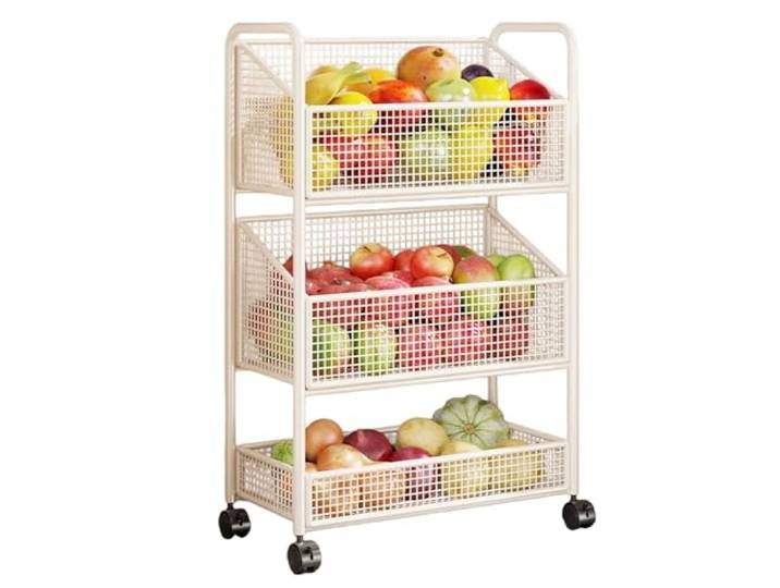 3-stufiger rollender Küchenwagen mit beweglichem Gemüse Couchtisch und Obstkorb-Aufbewahrungsregal(Weiß)