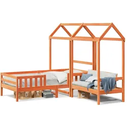 vidaXL Massivholzbett und Bank mit Dach Orange 75x190 cm Kiefernholz