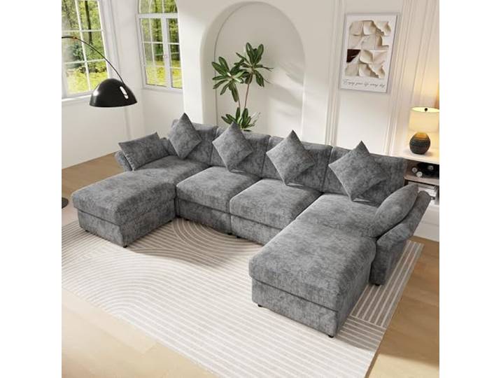BTM U Form/L Form Ecksofa mit 2 Hockern, Wohnzimmer Modulares Sofa mit Verstellbaren Armlehnen, Cloud Couch Grau