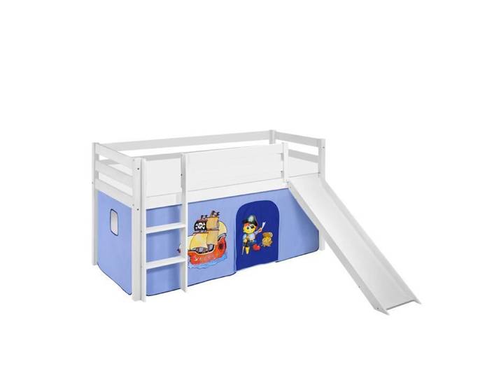 Lit surélevé ludique JELLE Pirate bleu - avec rideaux et toboggan - LILOKIDS - blanc laqué