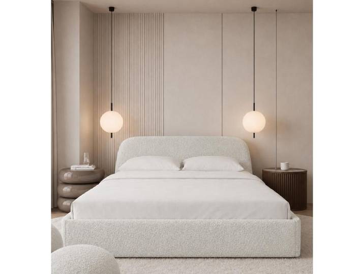 Lit coffre SOFELLO MORI 160x200 cm – Tissu QUELLE crème – Sommier à lattes métallique relevable