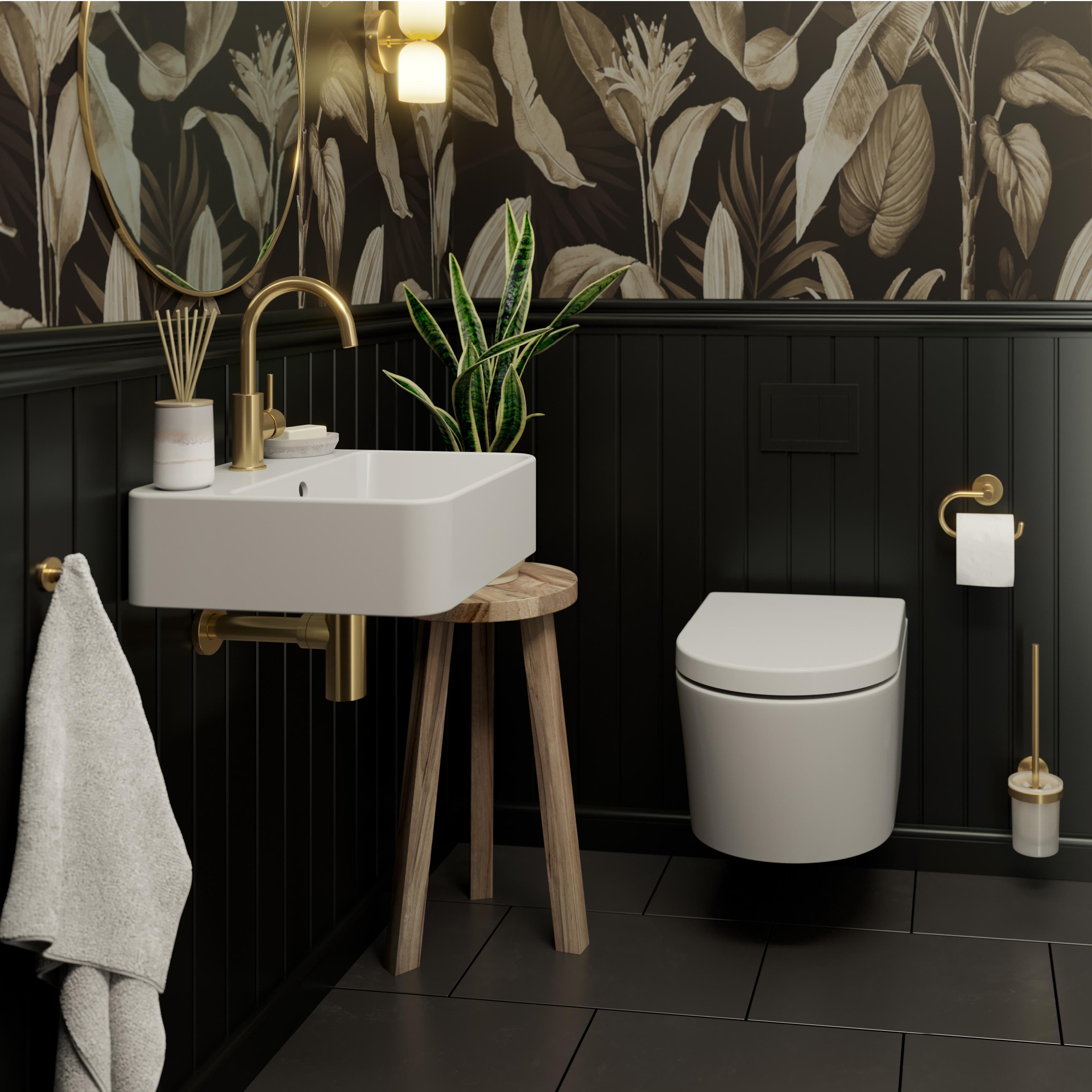 Lenz Gästebad-Set PERFECT FIT 8-teilig Gold - Wand-WC inkl. WC-Sitz mit Absenkautomatik, Waschtisch, Armatur, Siphon & Badaccessoire-Set