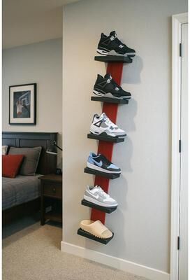 Doug and Cristy Designs Urban Sneaker Wall Rack - Vertical Shoe Display in Red and Black (12W x 5.5D x 54H)