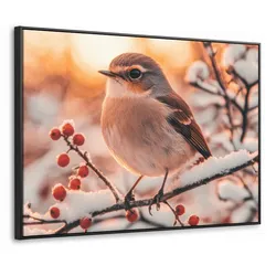 LEINWAND Bilder mit Rahmen - Vogel - Zweig - Winter - Tiere - Schnee - 70x50