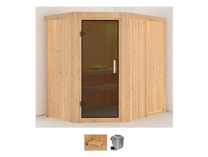 Sauna KARIBU Clara , beige (naturbelassen), ohne Ofen, (ohne Ofen), Saunen, Sauna, ohne Ofen