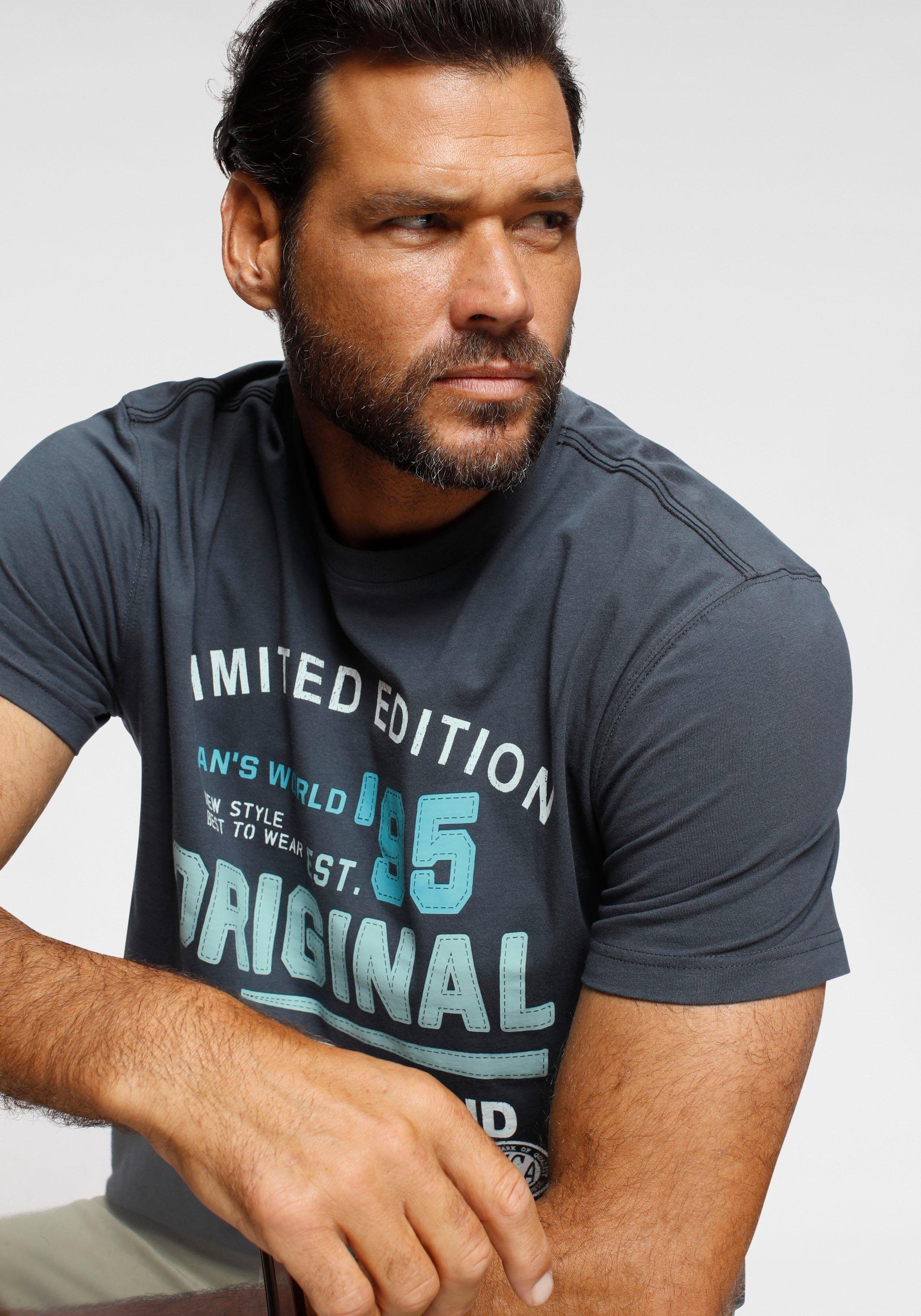 T-Shirt MAN'S WORLD, Herren, Gr. XL (56/58), blau (blaugrau, sch), Single Jersey, Obermaterial: 100% Baumwolle, bedruckt, normal, Rundhals, Shirts T-Shirt, Kurzarm, für die Freizeit, aus Baumwolle blaugrau, sch XL (56/58)