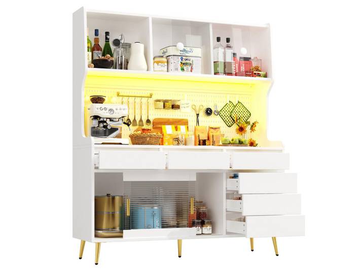 Flora Grace Buffet 145/39/171 cm in Weiß mit LED-Beleuchtung und Schiebetüren, 145x171x39 cm, Esszimmer, Anrichten, Buffetschränke