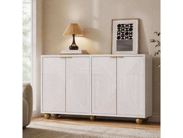 Buffet Bas 4 Portes Étagères Réglables et Motifs Gravés - BEAUNIV - Salon MDF Blanc 120×35×71 5 cm