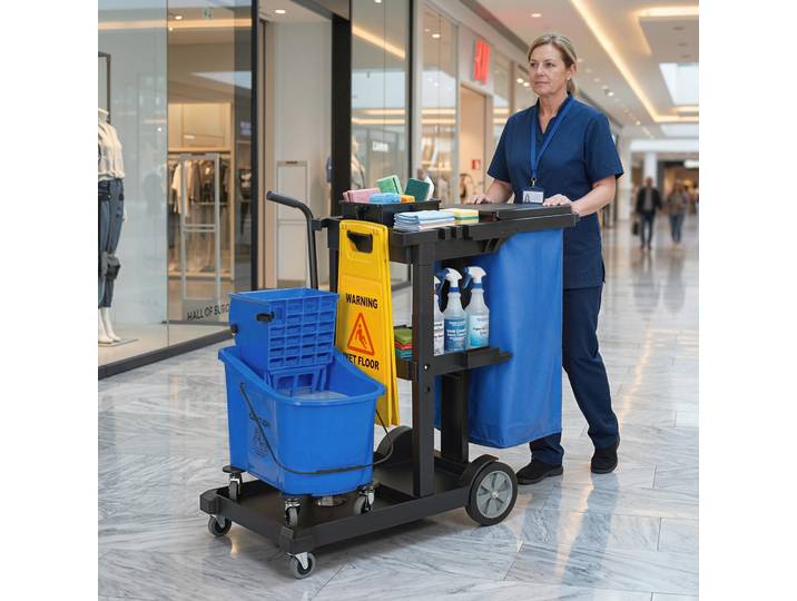 HOMCOM Chariot Nettoyage 3 Étagères Sac 70L Seau Presse Bleu