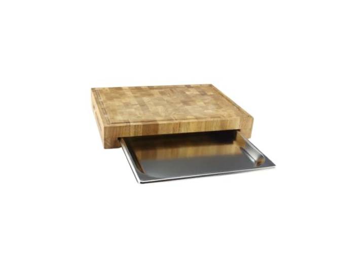 Waldmeister Eiche Schneidebrett mit Edelstahl Auffangschale 40x30cm Saftrille Seitliche Griffmulden Massivholz Messerschonend Pflegeleicht