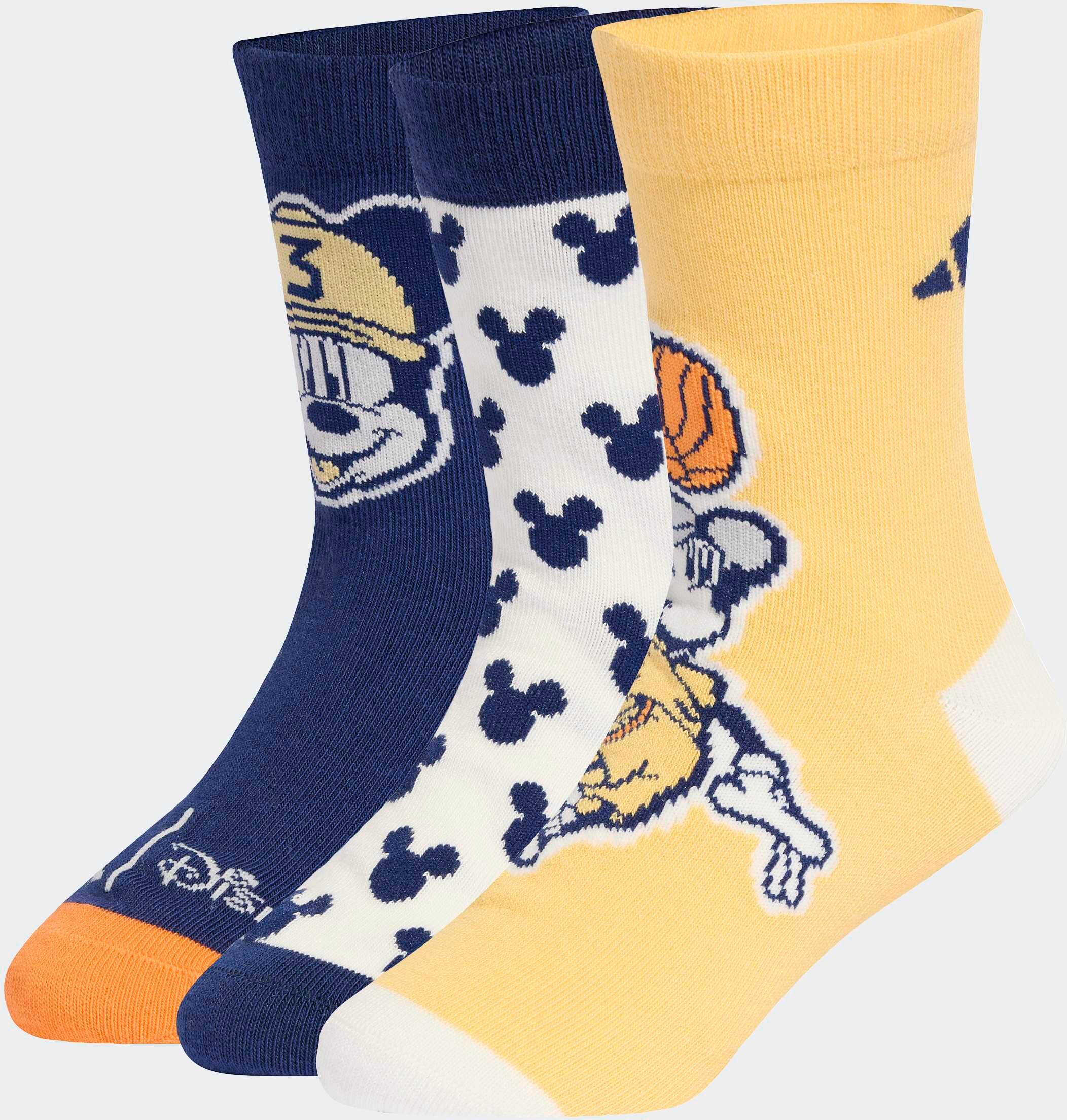 Funktionssocken ADIDAS PERFORMANCE "ADIDAS DISNEY MICKY MAUS", Kinder, Gr. 34-36, bunt (dunkelblau, sanftes weiß, semi ice tangerine), Obermaterial: 62% Baumwolle, 35% Polyester, 3% Elasthan, Socken Funktionssocken, für Kinder, Dreierpack dunkelblau, sanf