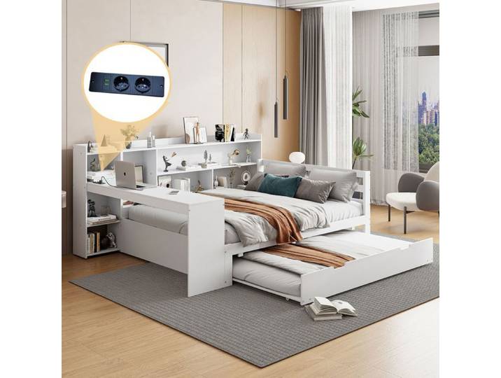 Canapé-lit gigogne - SOGEU - 140x200 - Rangement intégré - Bois massif - Prises USB