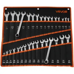 VEVOR Maulschlüsselset 32-tlg. (SAE & Metrisch), Gabelschlüsselsatz (12-Kant) Schraubenschlüsselset mit Rolltasche, Ringmaulschlüsselset aus Kohlenstoffstahl, für Allgemeine Kfz-Reparaturen