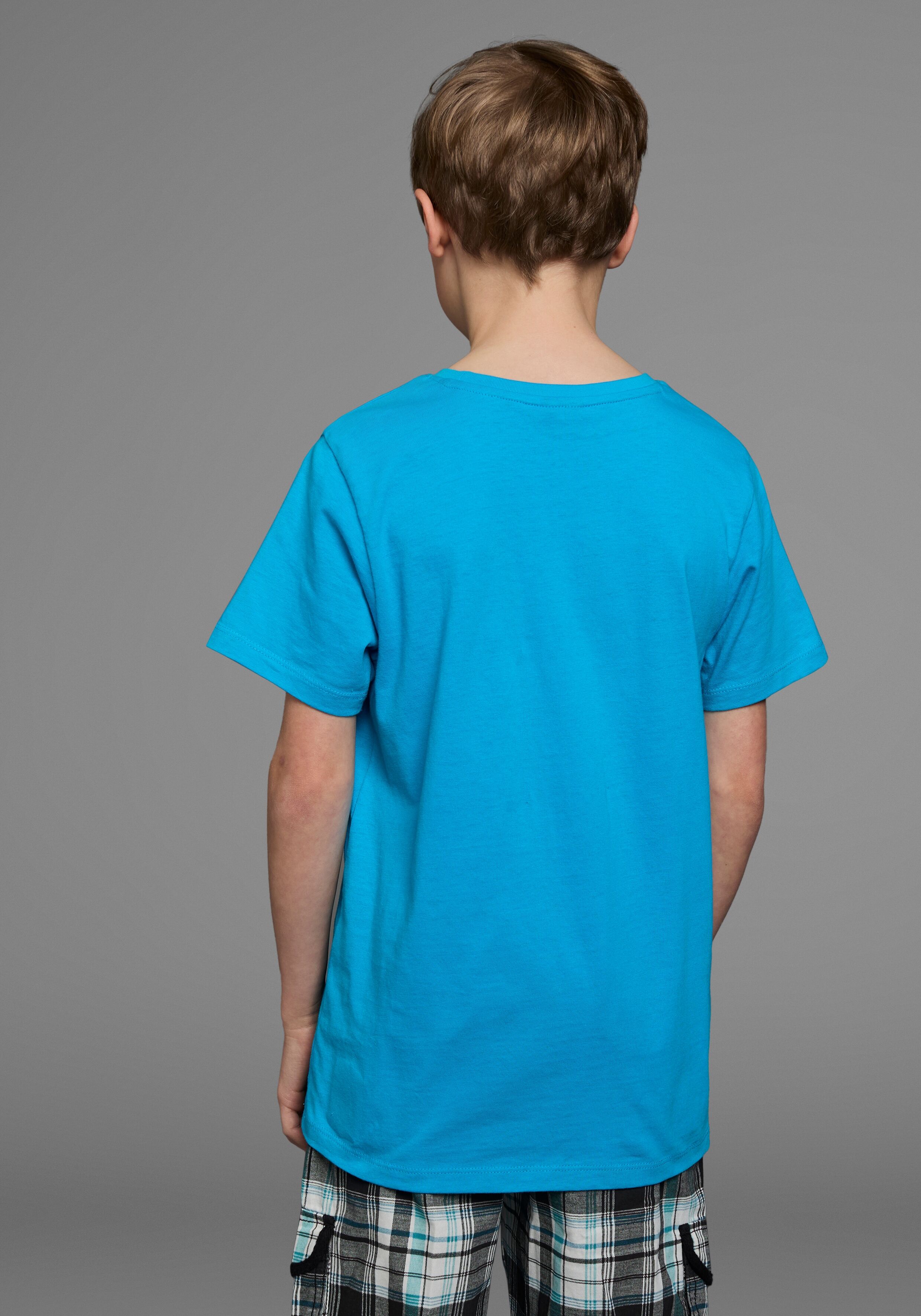 T-Shirt KIDSWORLD "mit Spruch: NICHT DEIN ERNST", Jungen, Gr. 140/146, blau (türkis), Jersey, Obermaterial: 100% Baumwolle, bedruckt, Basic, Rundhals, Shirts T-Shirt, Kurzarm, Basic-Passform, mit trendigem Aufdruck türkis 140/146