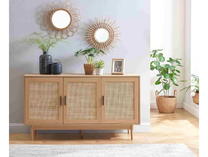 Buffet effet chêne et cannage rotin 130cm