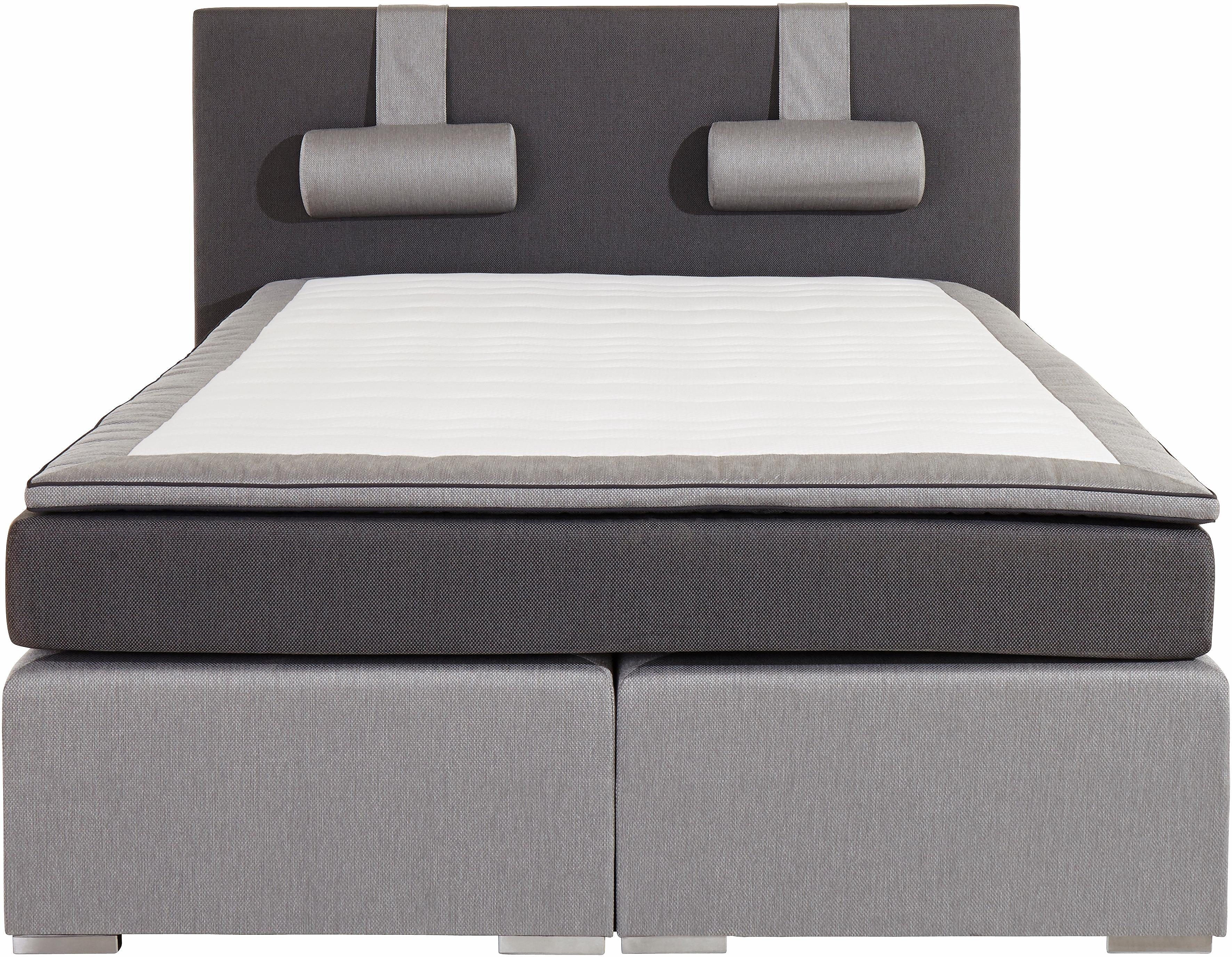 Boxspringbett "Rick", grau (3 (=hellgrau, dunkelgrau)), Liegefläche B/L: 180cm x 200cm, kein Härtegrad, Bonnell-Federkernmatratze, Das Kopfteil, die Obermatratze, die untere Box, die Nackenkissen und der Topper des Schlafzimmermöbels sind mit Strukturstof