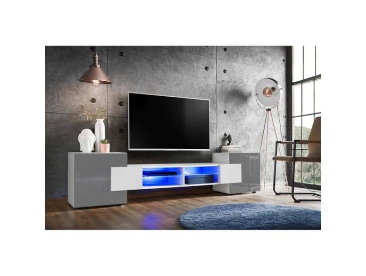 Meuble Banc TV Merano Version 2 Komodee - LED Bleues - Gris Brillant et Blanc - 230 x 53 x 35 cm