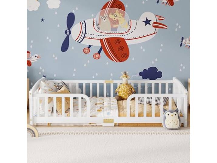 I0I&I0I Massivholz Bodenbett Mit Rausfallschutz Zentralem Einstieg, Sicheres Kinderbett Aus Kiefernholz Für Kinderzimmer (White + Pine)