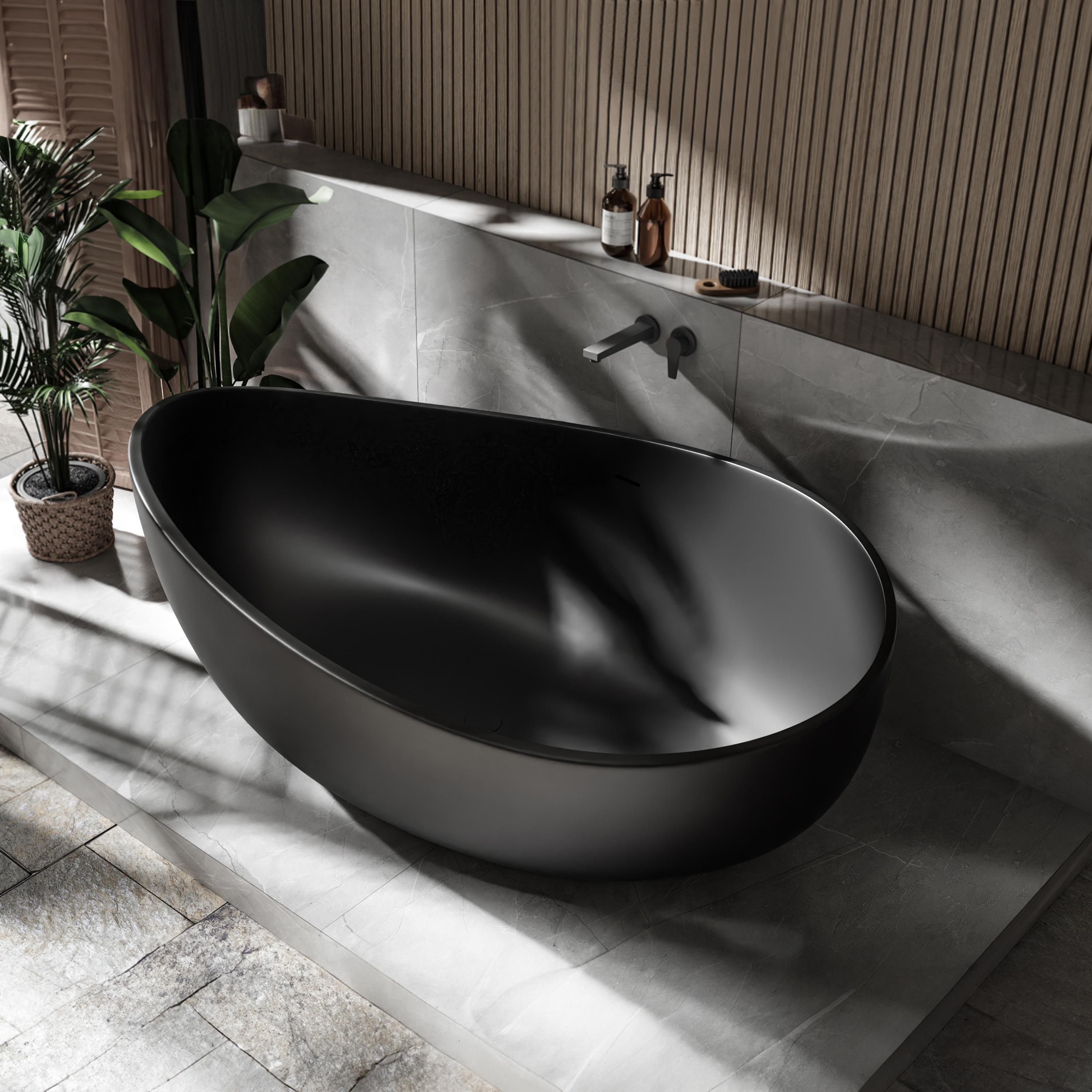 Freistehende Badewanne WAVE STONE - Mineralguss - Schwarz, matt - 180 x 110 x 62 cm