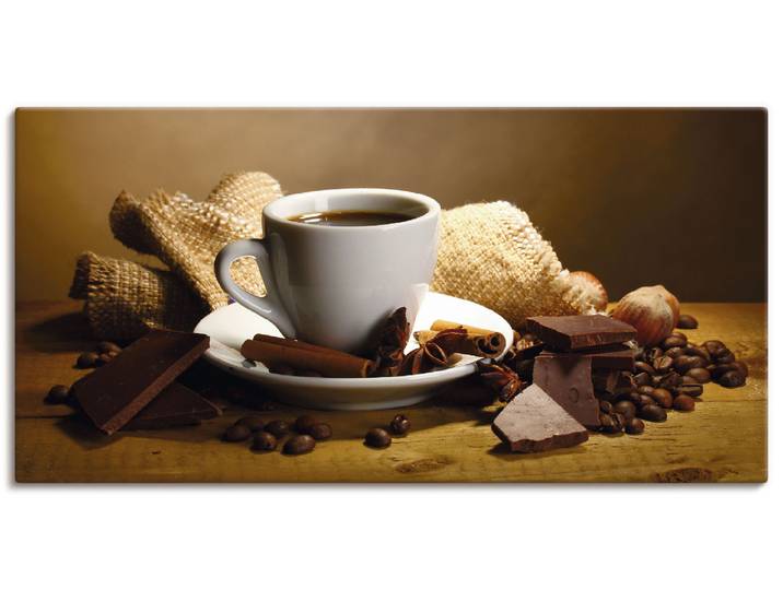 Leinwandbild ARTLAND Kaffeetasse Zimtstange Nüsse Schokolade , braun (farbe bild(er): braun), B:60cm H:30cm, Bilder, Leinwandbild, auf Holzrahmen gespannt