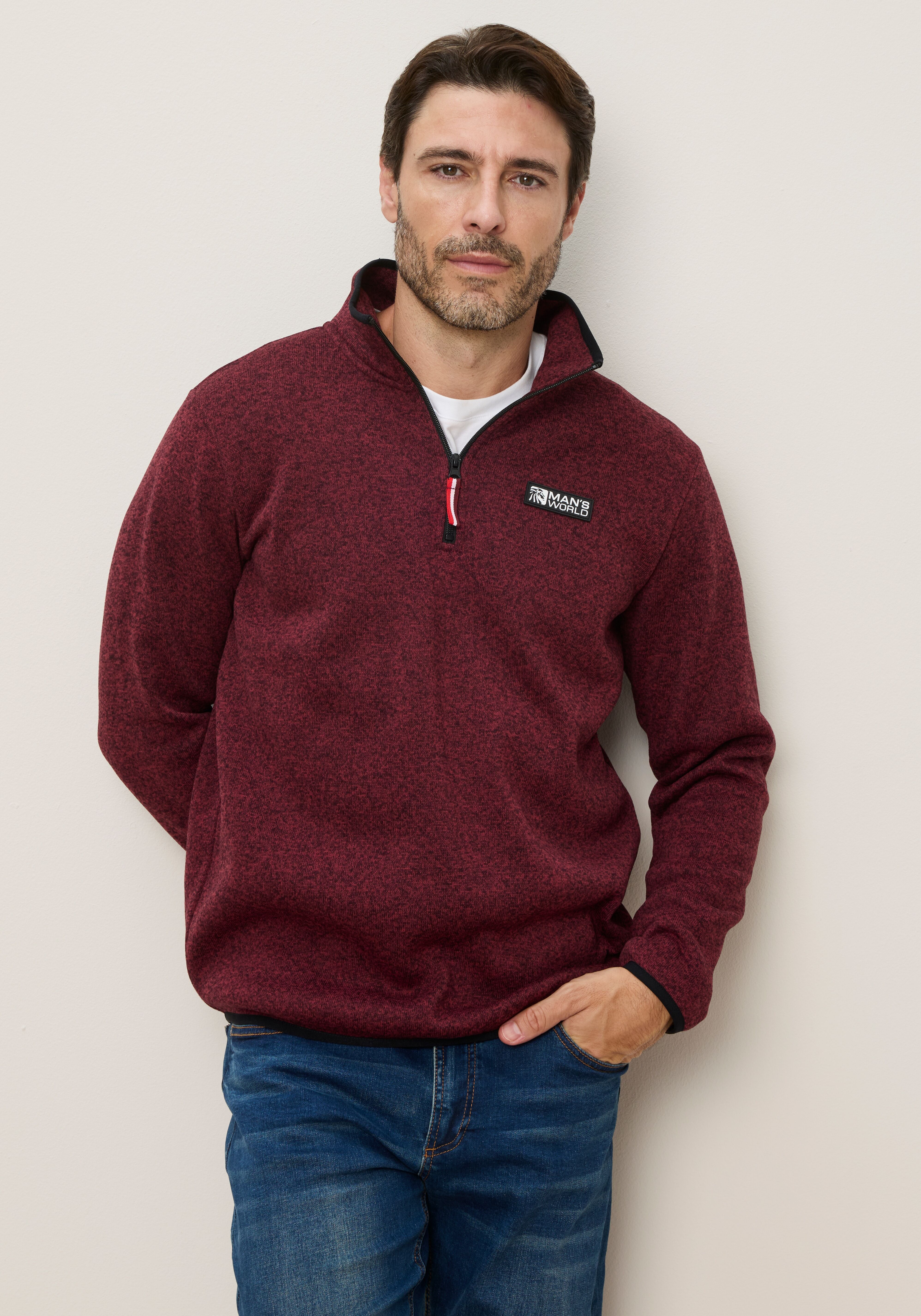 Fleecepullover MAN'S WORLD, Herren, Gr. S, rot, Fleece, Obermaterial: 100% Polyester, meliert, regular fit, hoch geschlossener Ausschnitt, Sweatshirts Fleecepullover, mit hoch geschlossenem Ausschnitt, melierte Optik, sportlicher Stil rot S