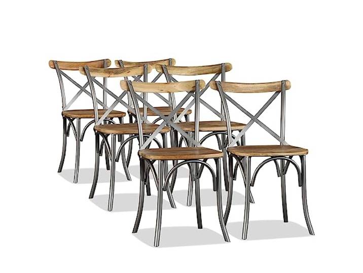 Coespram Esszimmerstühle 6er Set Massivholz Mangoholz mit Stahlrahmen Rustikale Küchenstühle im Industrial-Design für Restaurant, Küche und Bistro: Sitze aus Echtholz mit stabiler X-Lehne.