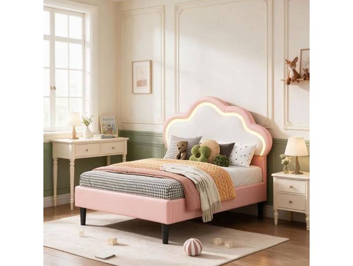 Lit enfant 90x200 Tête de Lit Nuage avec Réglage Hauteur Lit Princesse avec sommier Lit Enfant Fille 90x200 cm avec LED PU rose