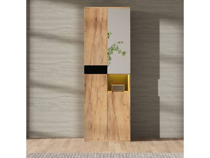 Armoire Haute 4 Portes avec Miroir - LPOSPI - Niche 12 Compartiments Panneaux de Particules Noir Naturel