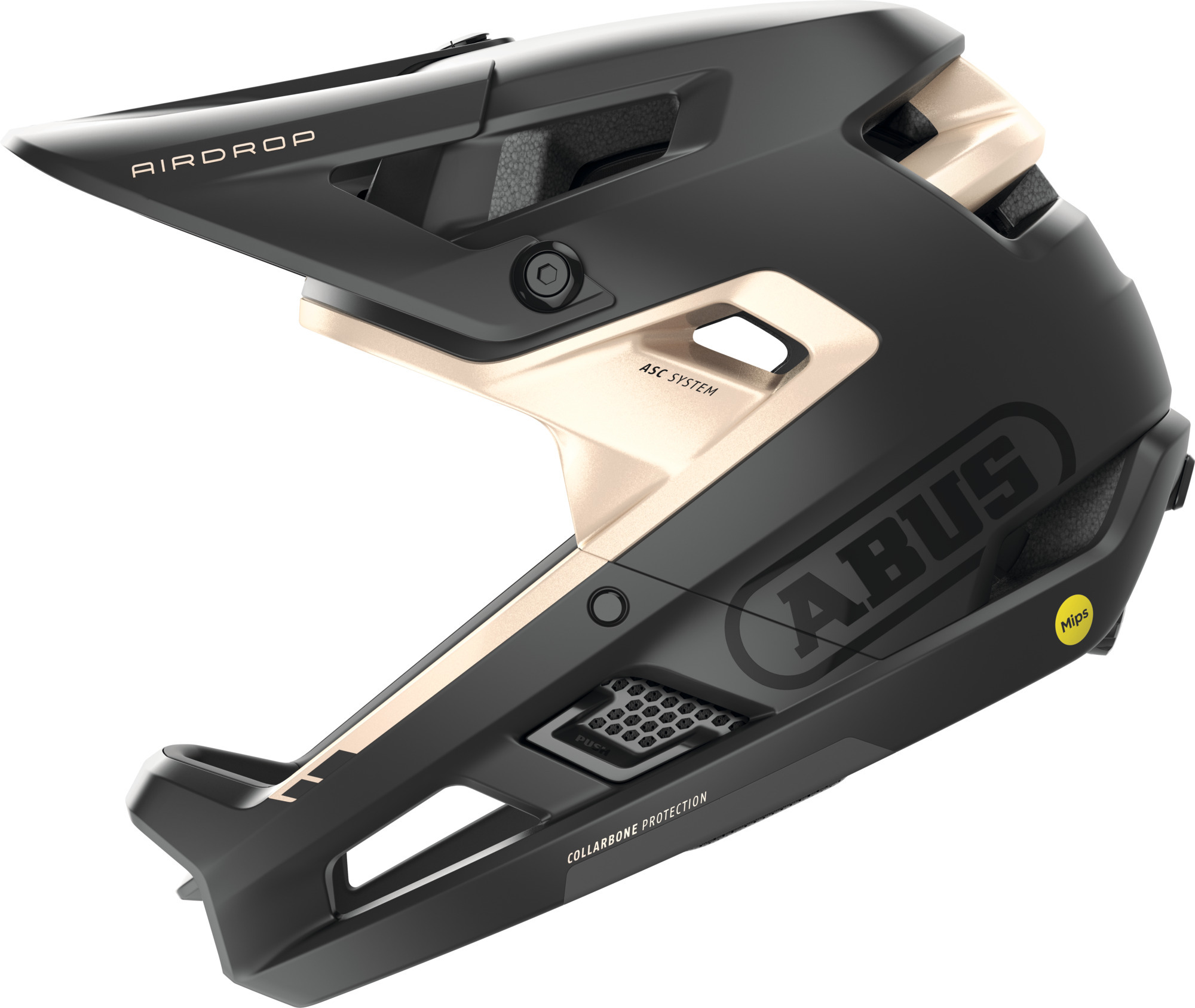 ABUS Fullface-Helm AirDrop MIPS - MTB: Downhill, Freeride und Enduro - Mountainbike-Helm mit optimierter Belüftung und Ambient Sound Channel - für Erwachsene, Schwarz/Gold, /M , Größe S|M (52-58 cm)