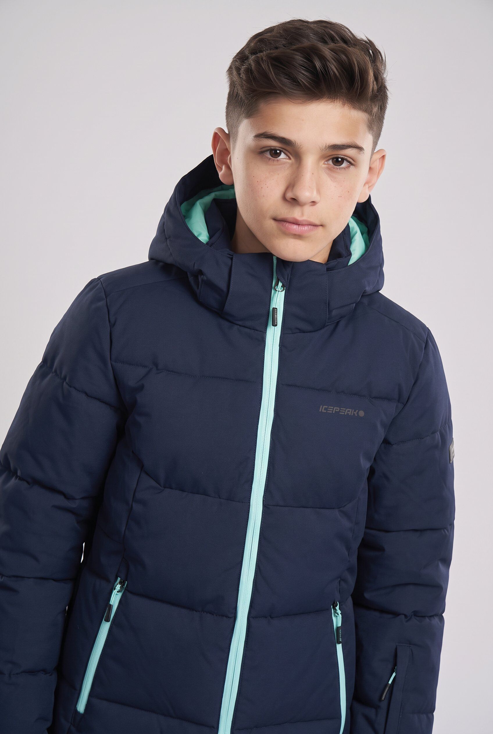 Skijacke ICEPEAK "ICEPEAK LORIS JR", Kinder, Gr. 128, blau (dunkelblau 1), Web, Obermaterial: 100% Polyester, normal, hoch geschlossener Ausschnitt, Jacken Skijacke, für Kinder und Jugendliche, mit Wassersäule 10000, wasserabweisend dunkelblau 1 128
