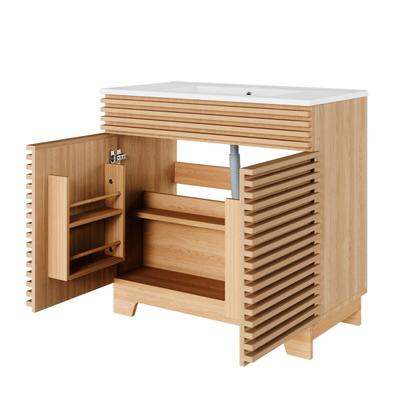 Merax Badezimmer-Waschtischunterschrank 81 x 46 x 86.5 cm mit Keramikwaschbecken, 2 Türen, Soft-Close und hohen Beinen, Naturholzfarben