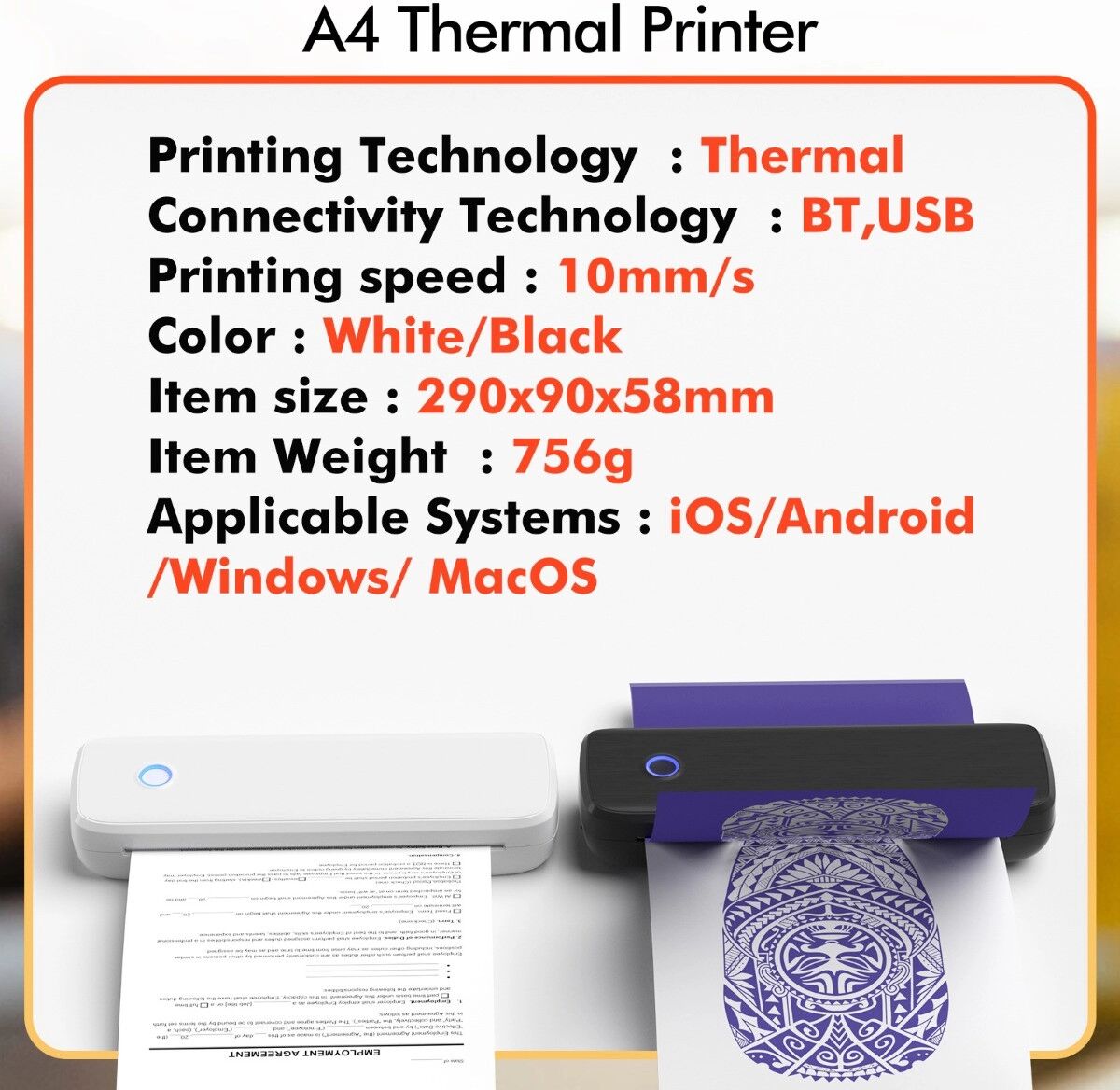 INF Tragbarer A4 tintenloser Thermodrucker – Bluetooth & USB, wiederaufladbare Polymer-Lithium-Batterie, kompatibel mit iOS, Weiß