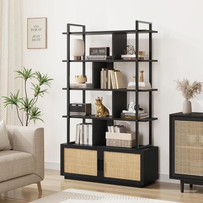 Garvee "71.1"" Industrial 5-Tier Rattan Bookcase with Storage Cabinet, Black"
