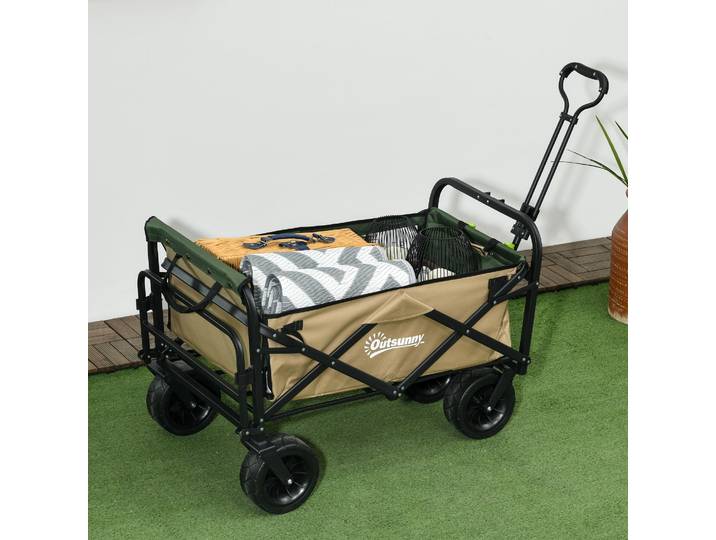 Outsunny Chariot Pliant 110L 100kg Acier Poignée Télescopique Kaki