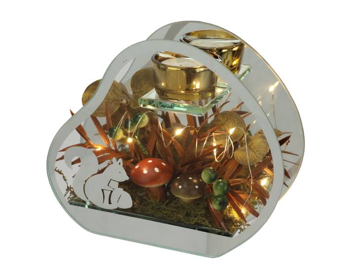 Teelichthalter I.GE.A. Teelichthalter aus Glas mit Teelichtkerze , braun, B:18cm H:16cm, Glas, Kerzenhalter, Teelichthalter, Herbstlich dekoriert mit Pilze Eichhörnchen Herbstlaub Kerze Windlicht