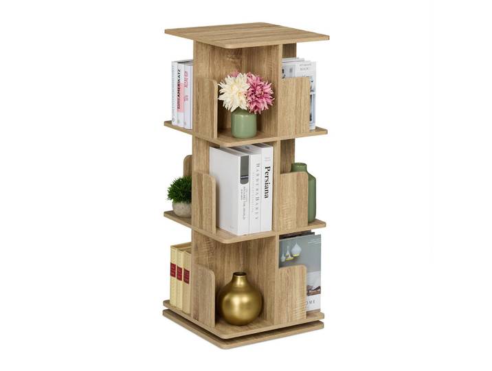 Relaxdays Bücherregal Natur Holzoptik drehbar 360 Grad 3 Ebenen, Hellbraun, Metall, 39x95x39 cm, Wohnzimmer, Regale, Bücherregale