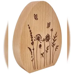 Erst-Holz Echtholz Dekoei-Wiese  Ei mit Blumen Gravur Osterdeko Buche geölt V-40.11-Holzei-Wiese15 cm