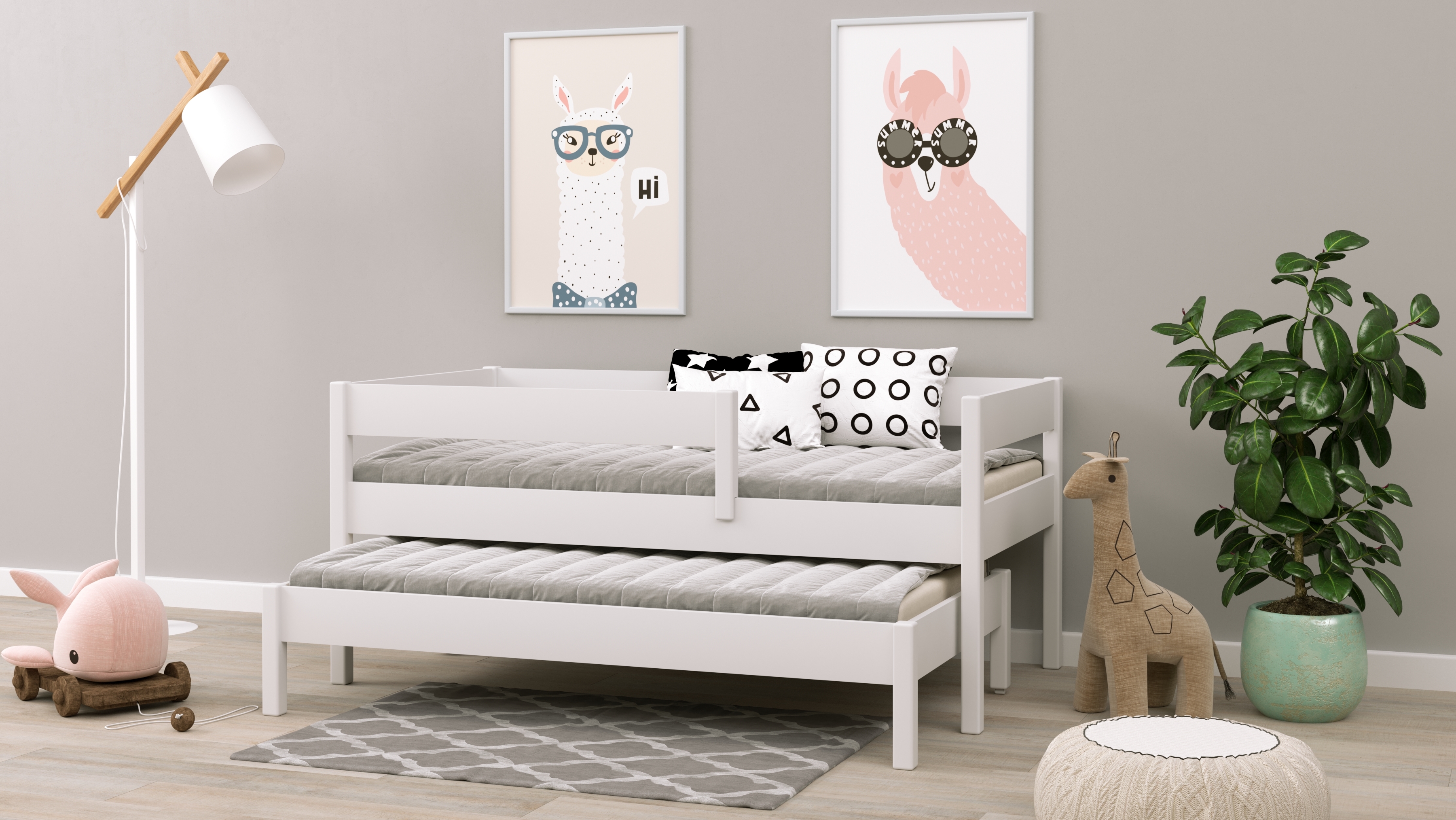 Ausziehbett Felix 200x90 Kinderbett mit Rausfallschutz & Lattenrost weiß 90 x 200 für Mädchen und Jungen Massivholz Kiefer