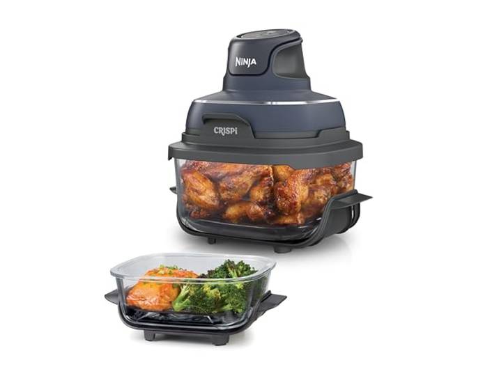 Ninja CRISPi tragbare Heißluftfritteuse, 3,8 l, 4-in-1, 1700 W, Grau Heißluftfrittieren, Braten, Warmhalten, Recrisp, kompakt, 6 Portionen, 2 herausnehmbare Glasbehälter & Deckel - FN101EUGY